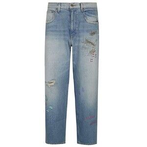 Paly Light Blue Distressed Jeans With Artistic Embroidery - NWT